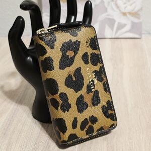 Coach Leopard Small Mini Credit Card Wallet Double Zip Coin Case F66472 Black